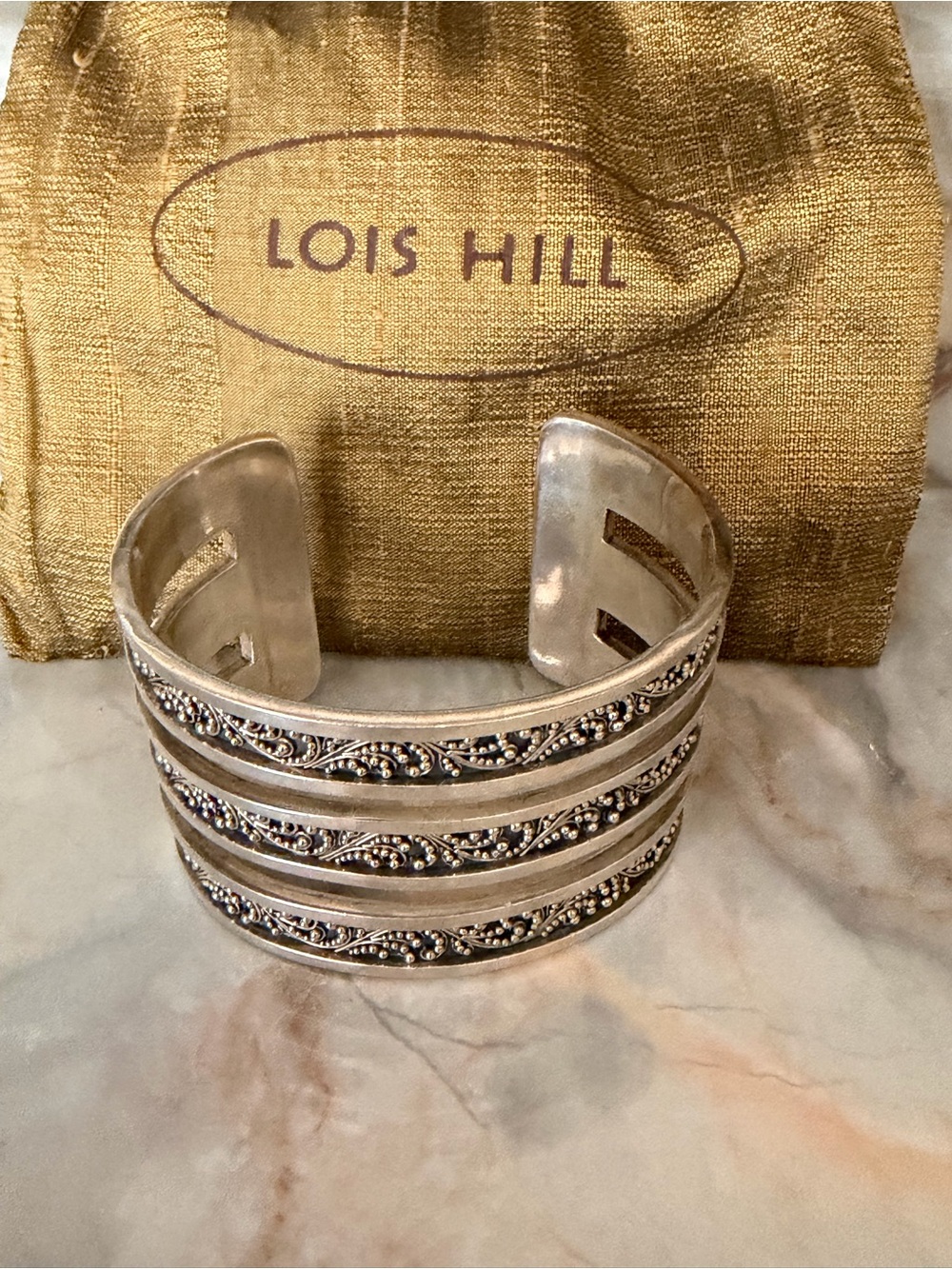 Lois Hill Silver Granulated Scroll Cuff Bracelet - 925 Silver